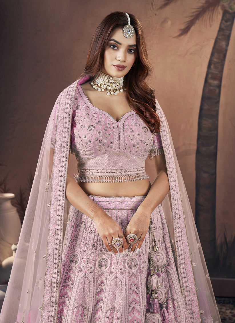 Rose Pink Georgette Embroidered Designer Lehenga Choli