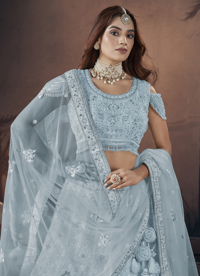 Marble Blue Georgette Embroidered Bridesmaid Lehenga Choli