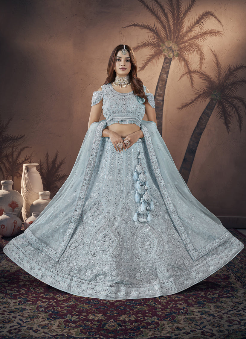 Marble Blue Georgette Embroidered Bridesmaid Lehenga Choli