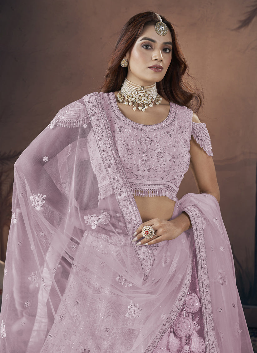 Lilac Pink Georgette Embroidered Bridesmaid Lehenga Choli