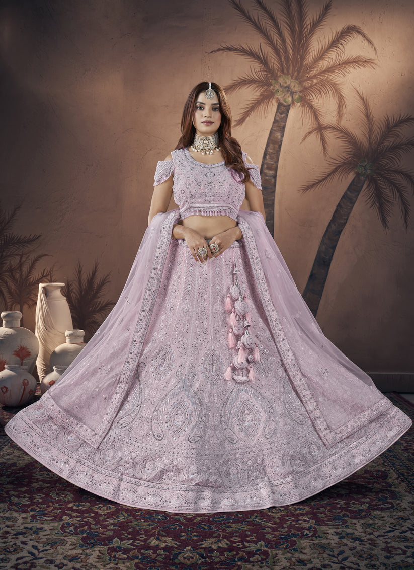 Lilac Pink Georgette Embroidered Bridesmaid Lehenga Choli