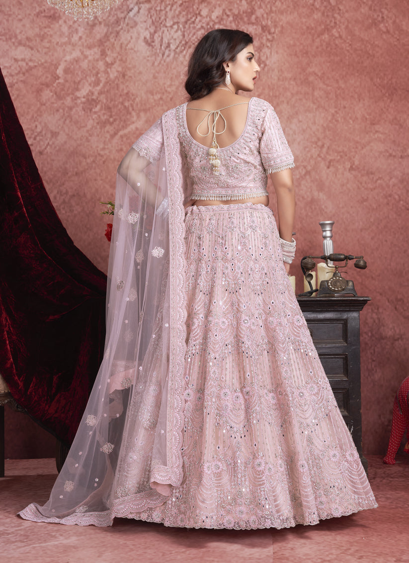 Rose Pink Net Embroidered Designer Bridesmaid Lehenga Choli Set