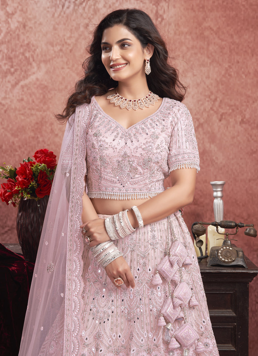 Rose Pink Net Embroidered Designer Bridesmaid Lehenga Choli Set