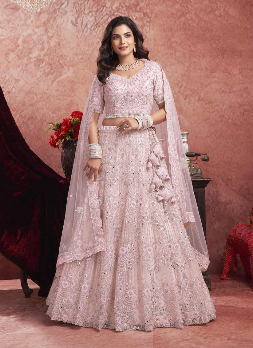 Rose Pink Net Embroidered Designer Bridesmaid Lehenga Choli Set