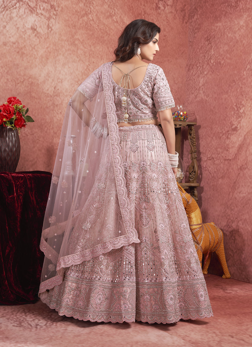 Rose Pink Net Embroidered Designer Bridesmaid Lehenga Choli Set