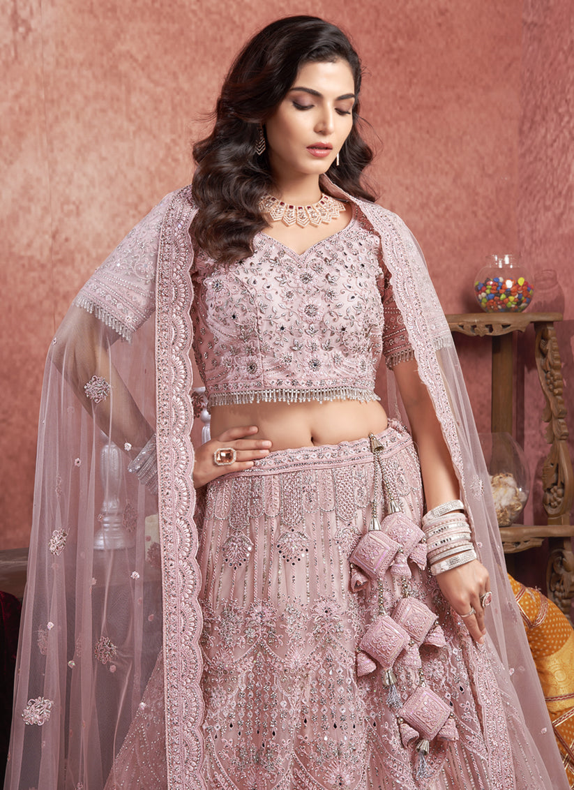 Rose Pink Net Embroidered Designer Bridesmaid Lehenga Choli Set