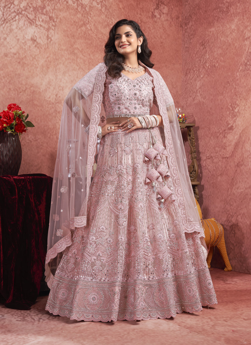 Rose Pink Net Embroidered Designer Bridesmaid Lehenga Choli Set