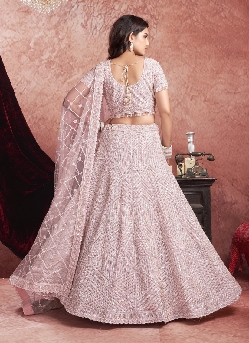 Baby Pink Net Embroidered Designer Bridesmaid Lehenga Choli Set