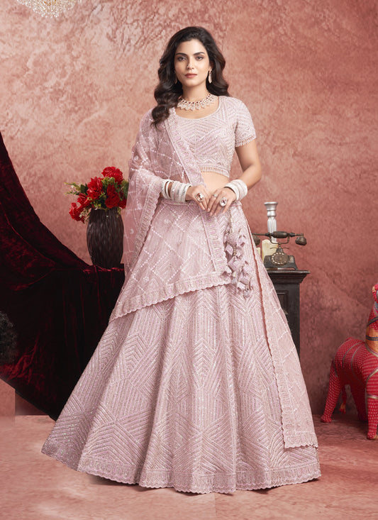 Baby Pink Net Embroidered Designer Bridesmaid Lehenga Choli Set