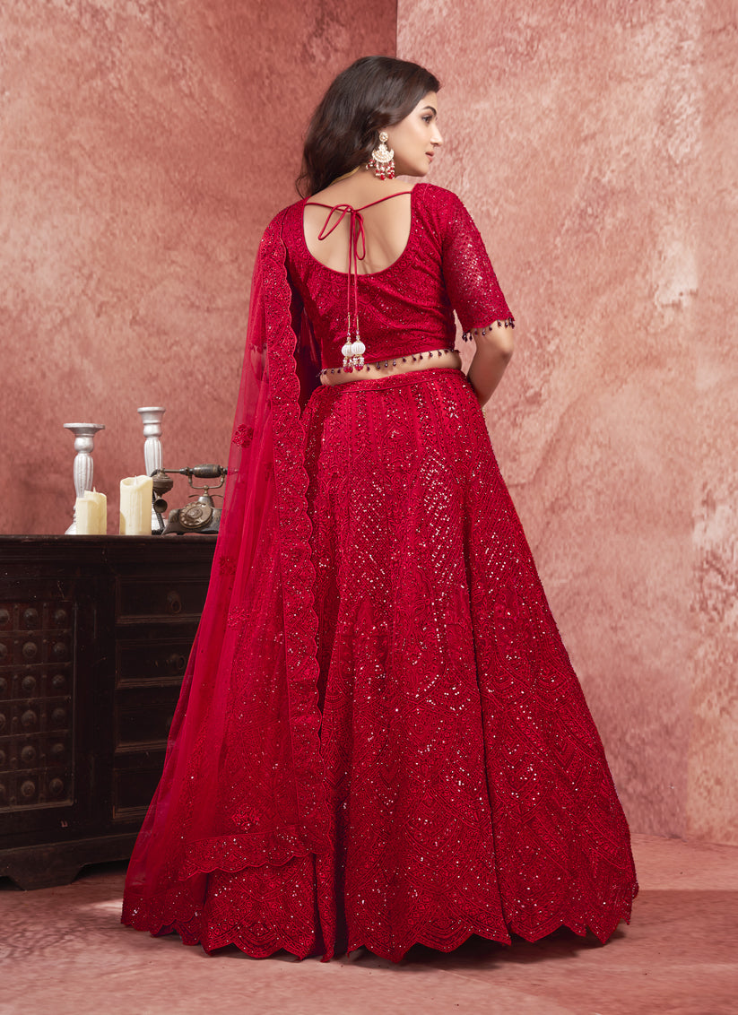 Scarlet Red Net Embroidered Designer Bridesmaid Lehenga Choli Set