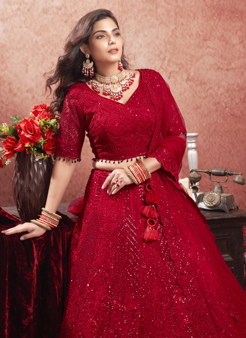 Scarlet Red Net Embroidered Designer Bridesmaid Lehenga Choli Set