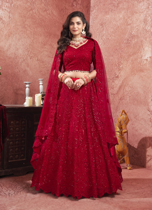 Scarlet Red Net Embroidered Designer Bridesmaid Lehenga Choli Set