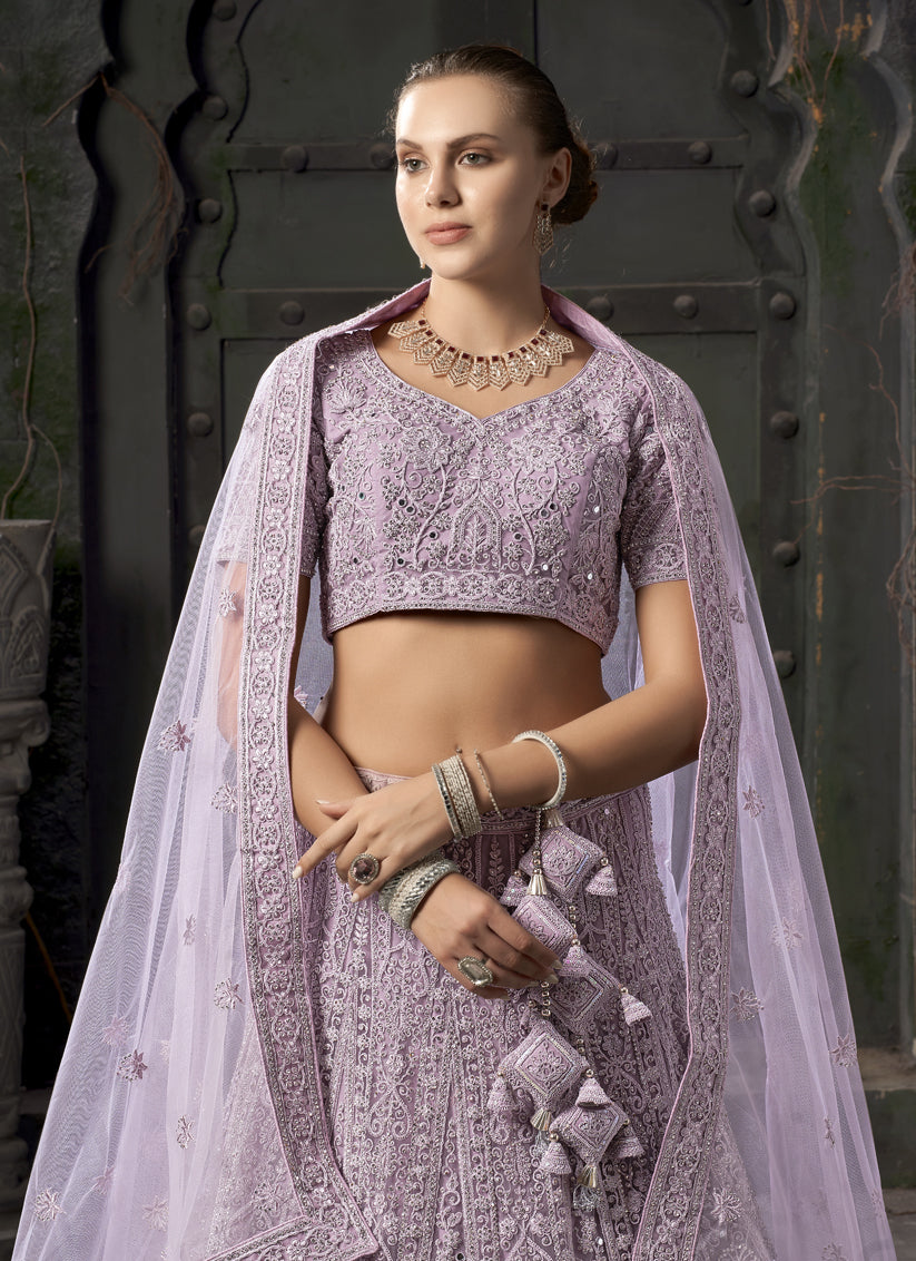 Lavender Net Embroidered Designer Bridesmaid Lehenga Choli