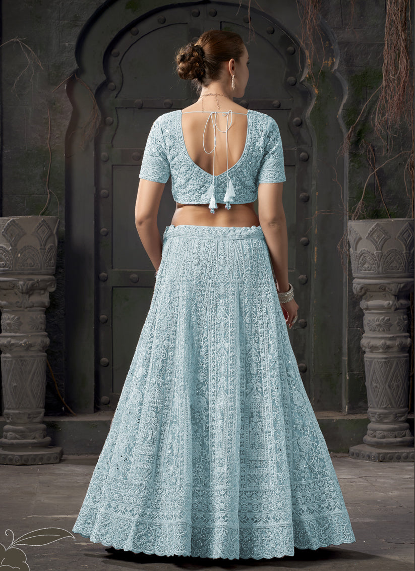 Ice Blue Net Embroidered Designer Bridesmaid Lehenga Choli