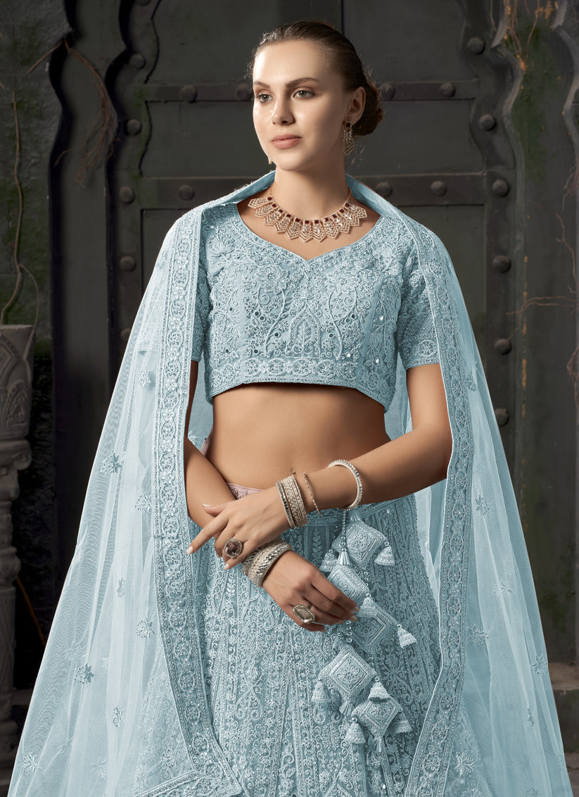 Ice Blue Net Embroidered Designer Bridesmaid Lehenga Choli