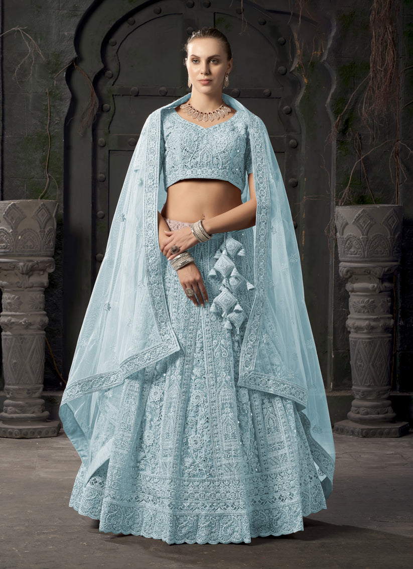 Ice Blue Net Embroidered Designer Bridesmaid Lehenga Choli