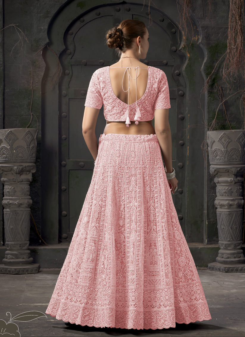 Coral Pink Net Embroidered Designer Bridesmaid Lehenga Choli