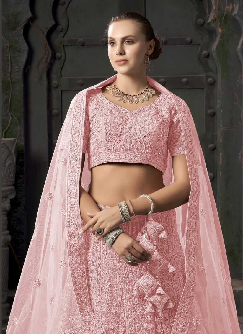 Coral Pink Net Embroidered Designer Bridesmaid Lehenga Choli