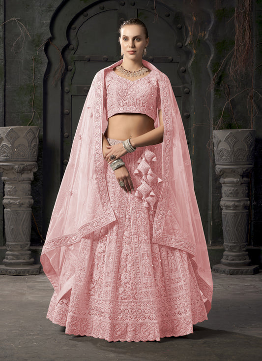 Coral Pink Net Embroidered Designer Bridesmaid Lehenga Choli