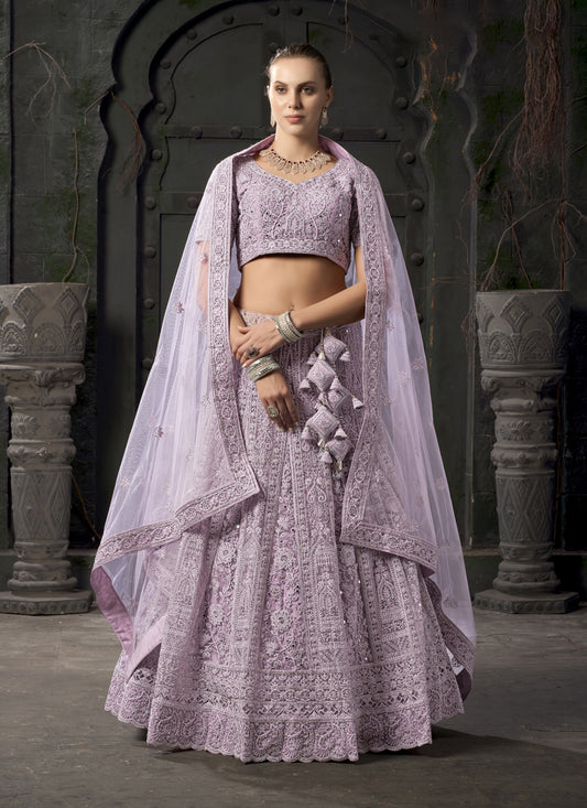 Lavender Net Embroidered Designer Bridesmaid Lehenga Choli