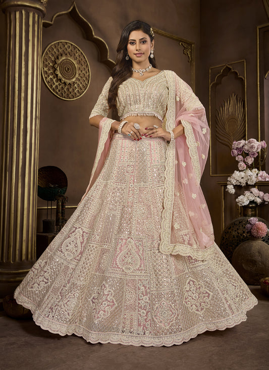 Peach Net Embroidered Designer Lehenga Choli Set