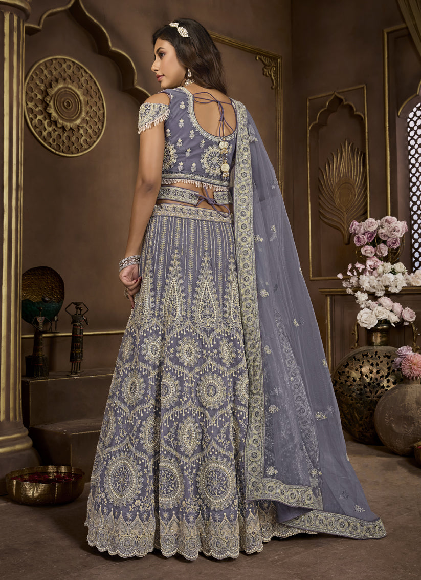 Dark Grey Net Embroidered Designer Lehenga Choli Set