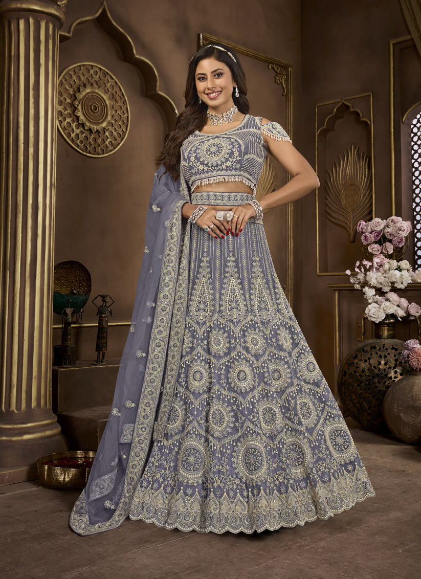 Dark Grey Net Embroidered Designer Lehenga Choli Set