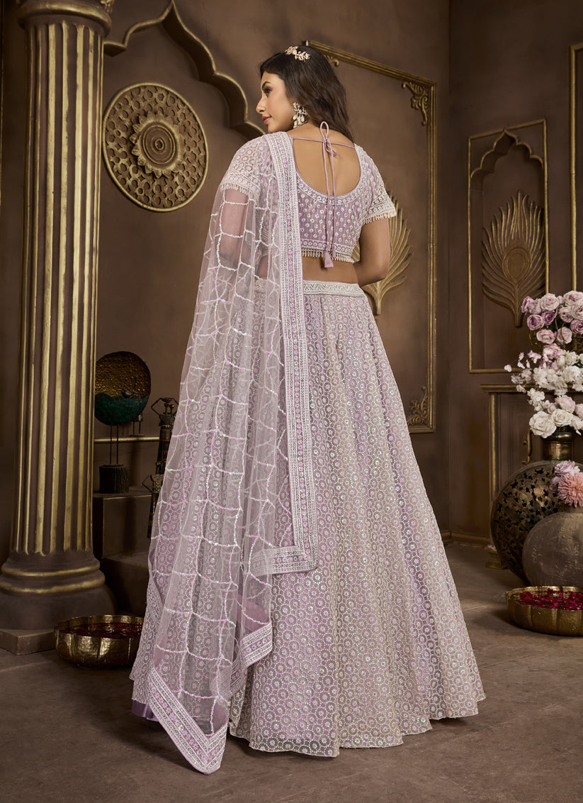 Lavender Net Embroidered Designer Lehenga Choli Set