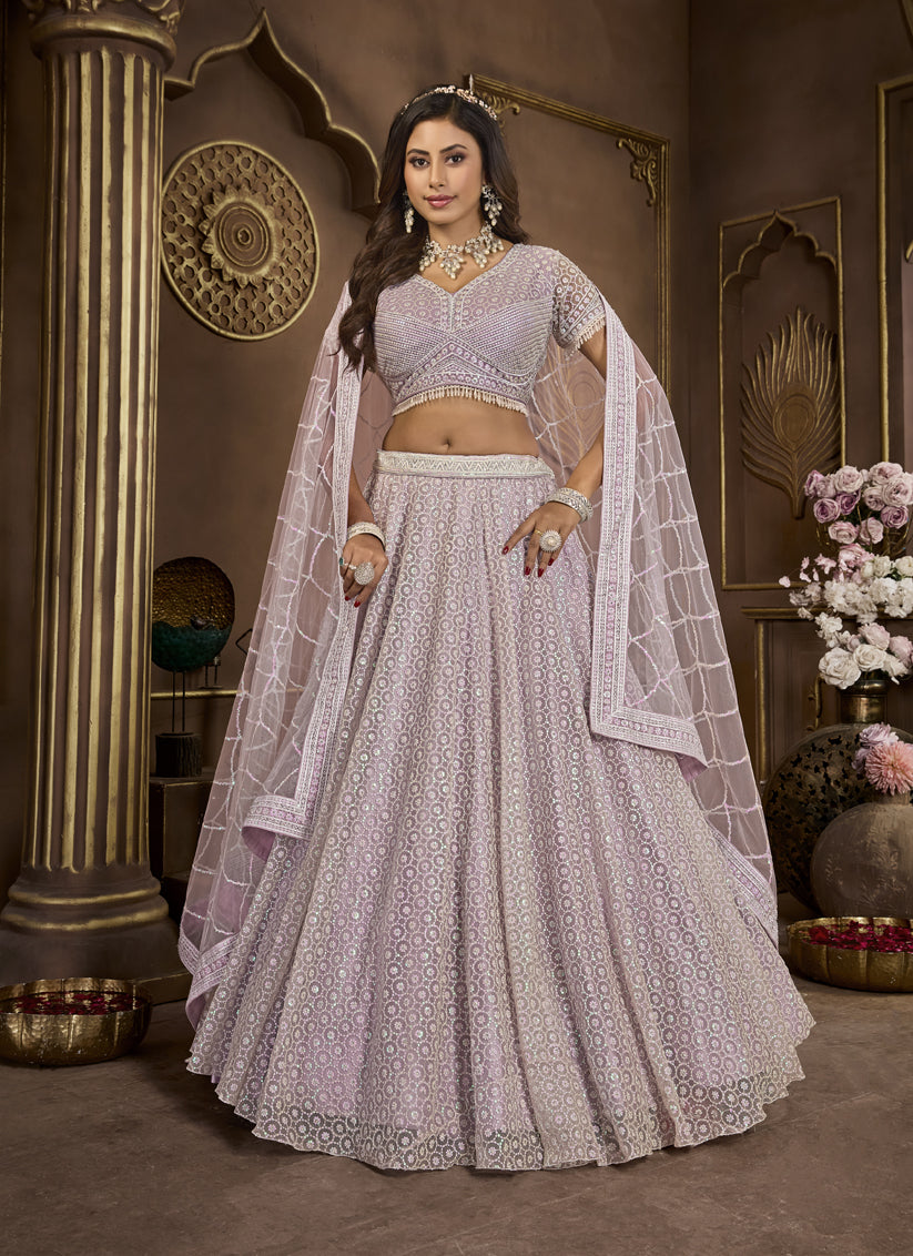 Lavender Net Embroidered Designer Lehenga Choli Set