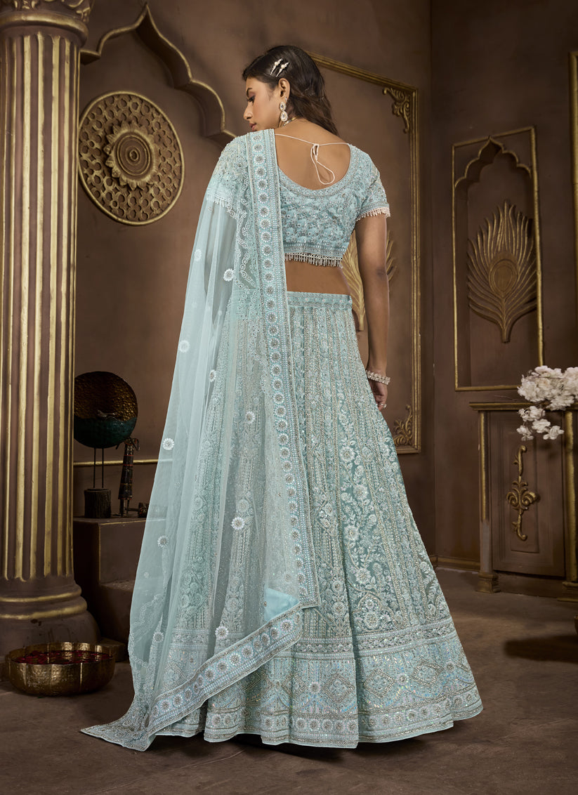 Sky Blue Net Embroidered Designer Lehenga Choli Set