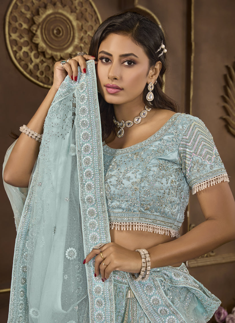 Sky Blue Net Embroidered Designer Lehenga Choli Set