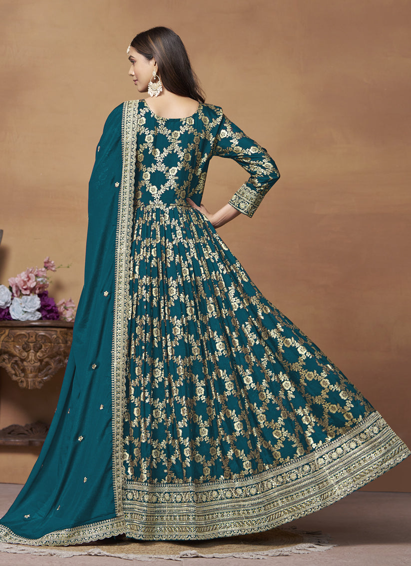 Prussian Blue Dola Jacquard Embroidered Anarkali Suit – TDO Australia