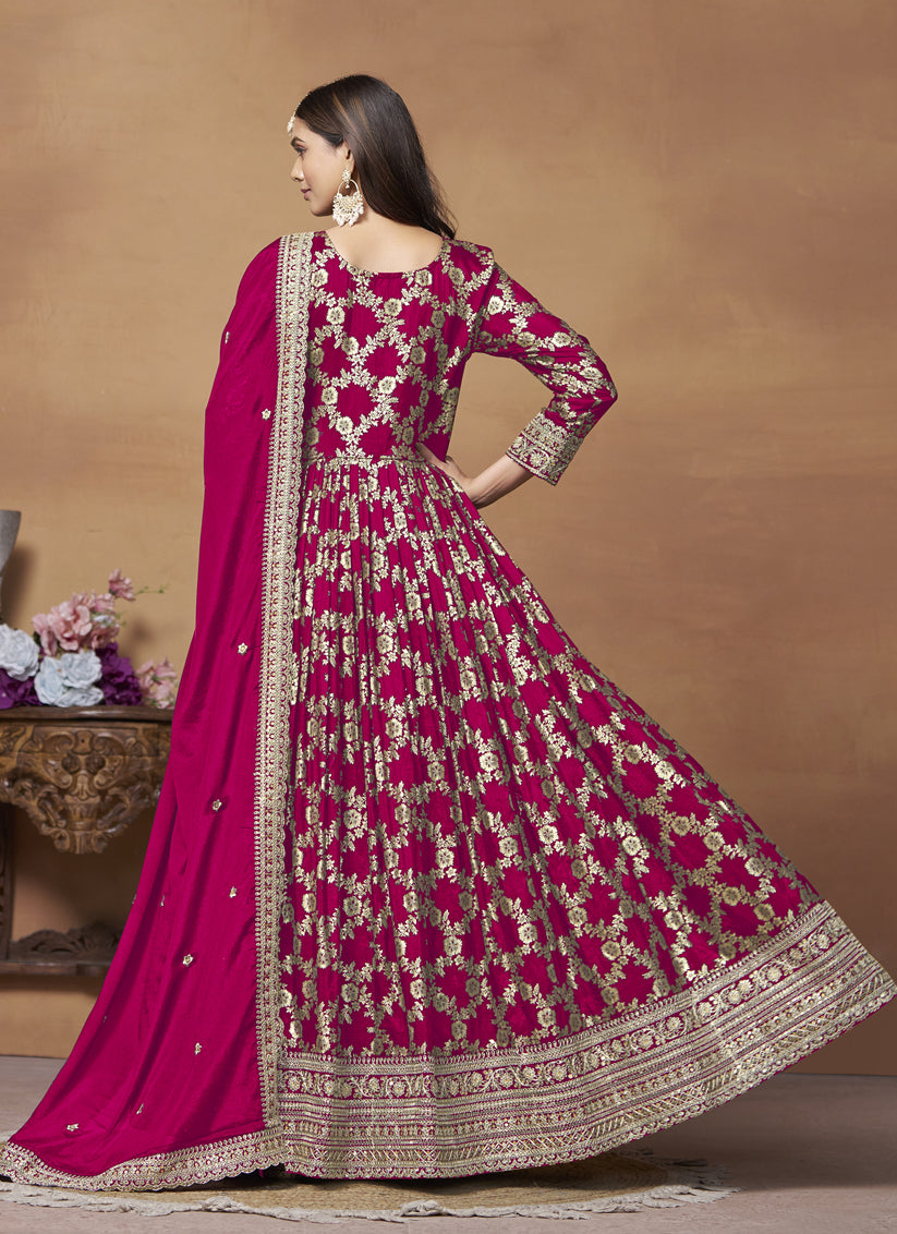 Raspberry Pink Dola Jacquard Embroidered Anarkali Suit