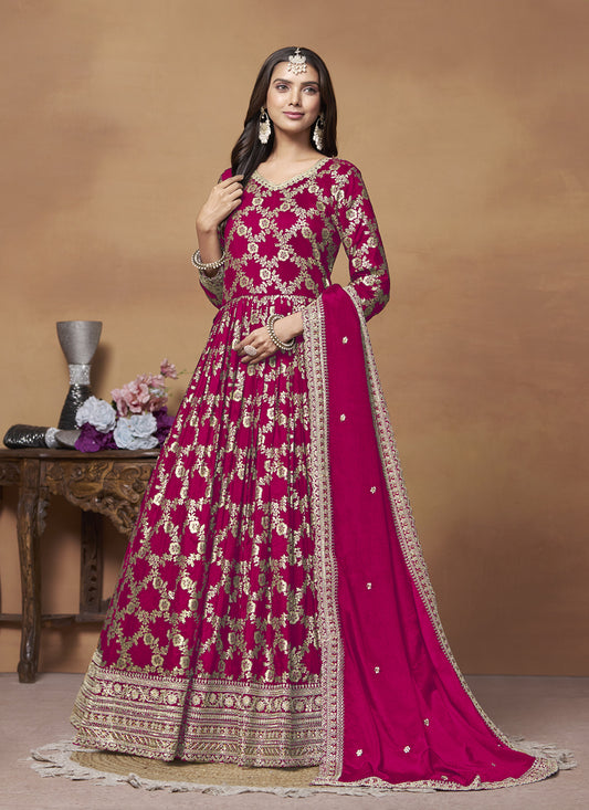 Raspberry Pink Dola Jacquard Embroidered Anarkali Suit