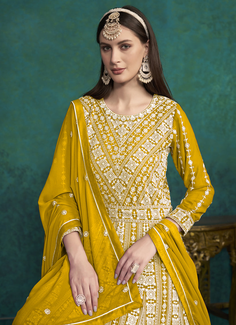 Mustard Faux Georgette Embroidered Anarkali Suit