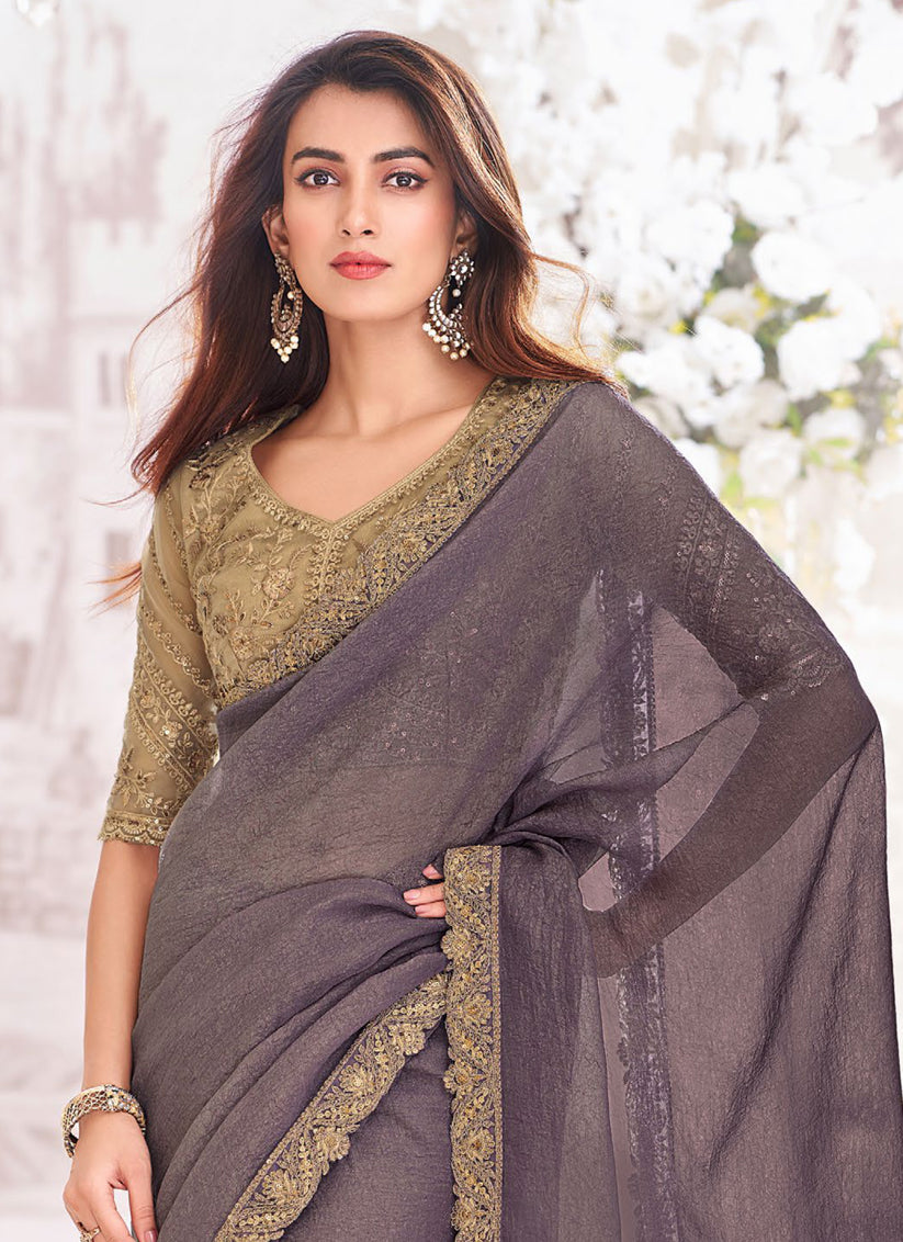 Dusty Grey Georgette Shimmer Crush Saree with Embroidered Blouse