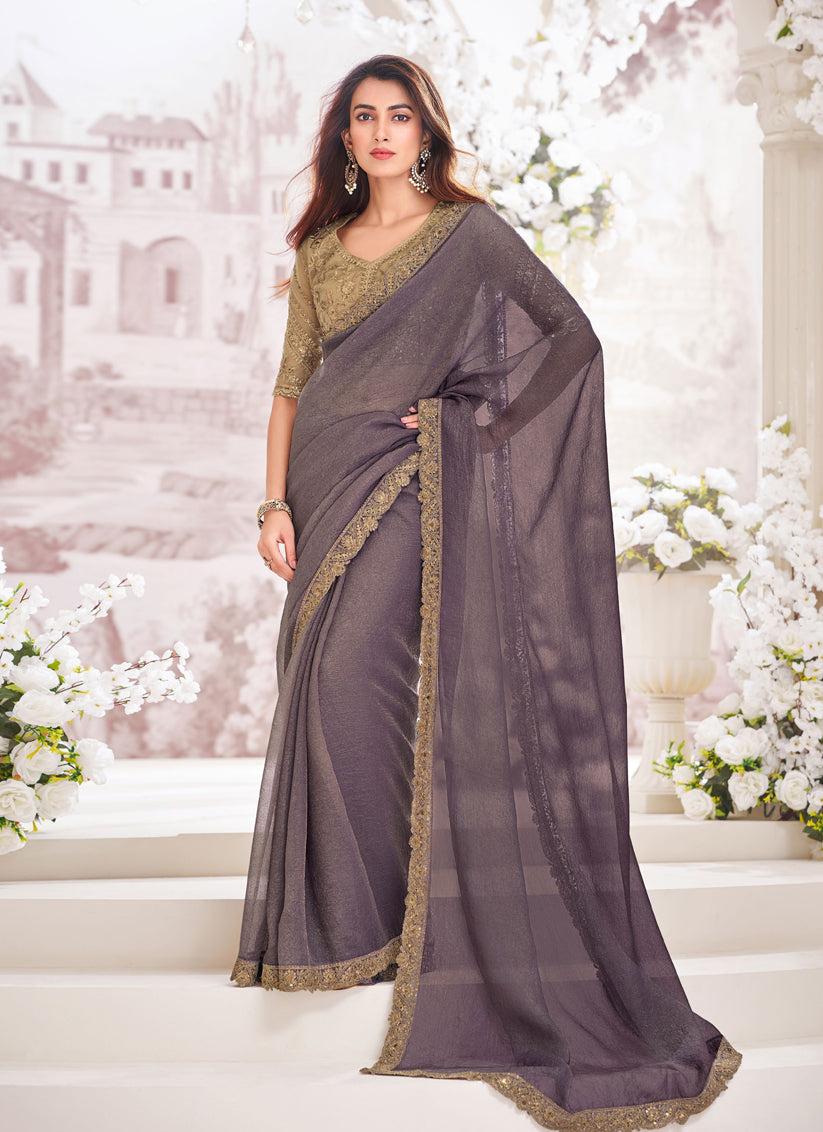 Dusty Grey Georgette Shimmer Crush Saree with Embroidered Blouse