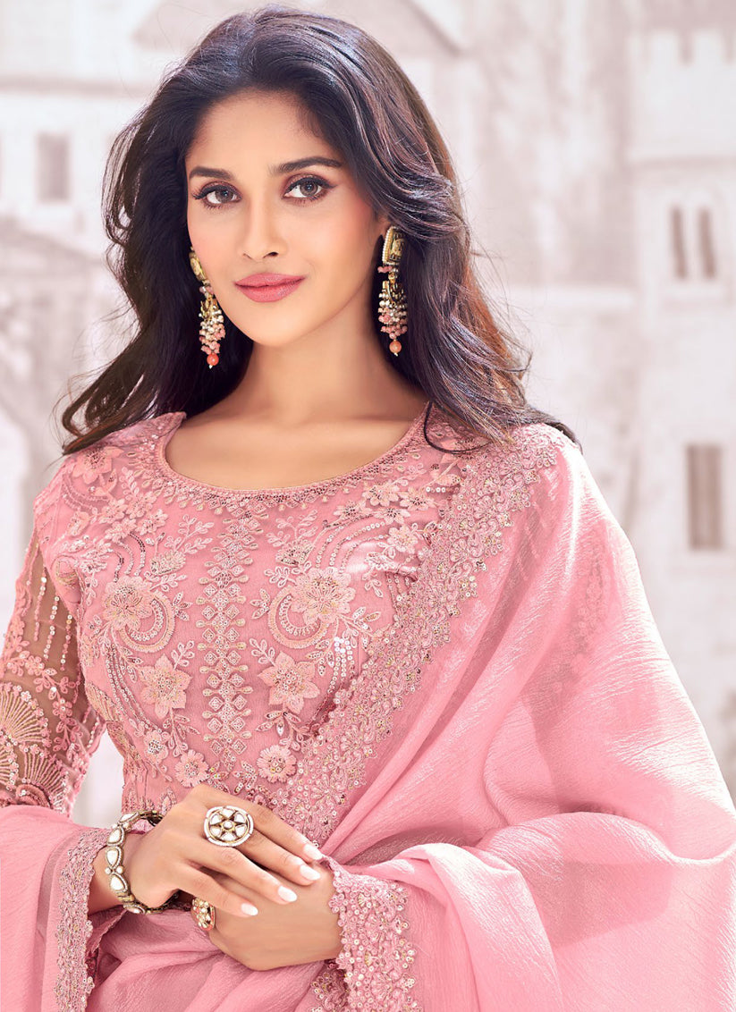 Rose Pink Chiffon Crush Saree with Embroidered Blouse