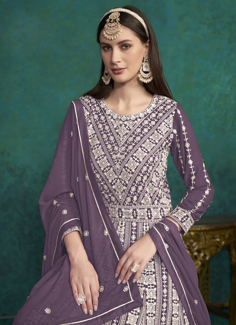 Dusty Purple Faux Georgette Embroidered Anarkali Suit
