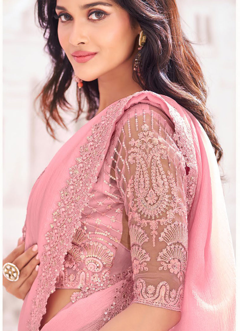 Rose Pink Chiffon Crush Saree with Embroidered Blouse