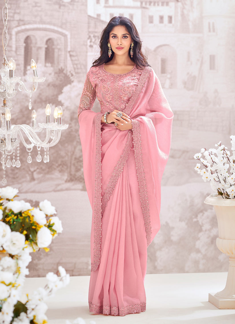 Rose Pink Chiffon Crush Saree with Embroidered Blouse