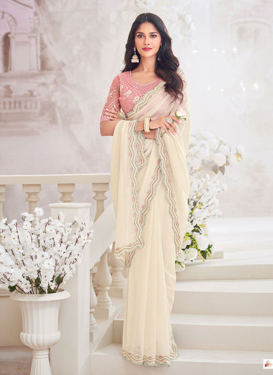 Off White Chiffon Crush Saree with Embroidered Blouse