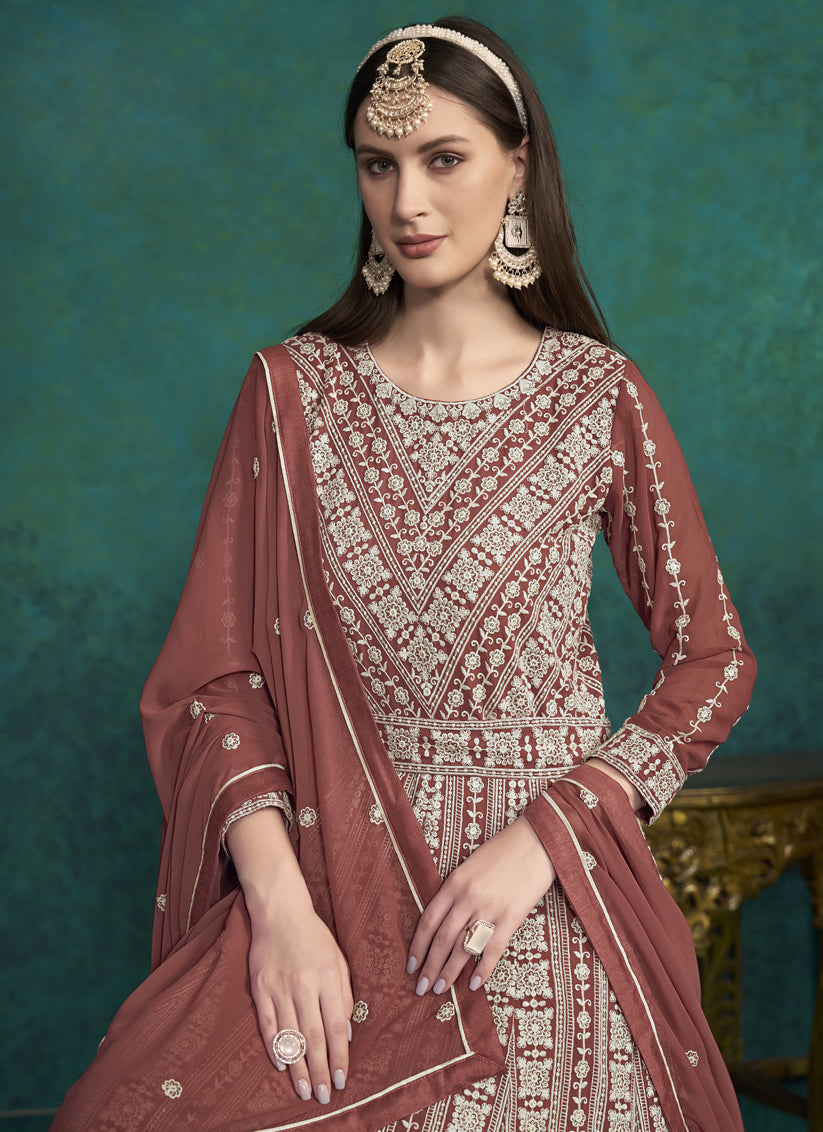 Rust Faux Georgette Embroidered Anarkali Suit