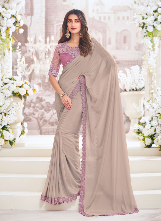 Dusty Beige Chiffon Saree with Embroidered Blouse