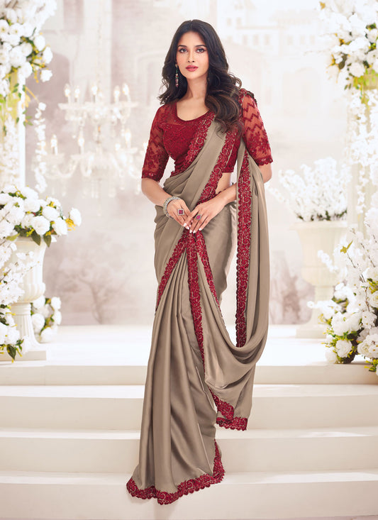 Dusty Beige Satin Saree with Embroidered Blouse