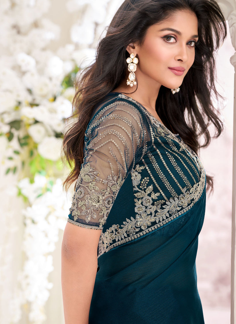 Prussian Blue Georgette Shimmer Saree with Embroidered Blouse