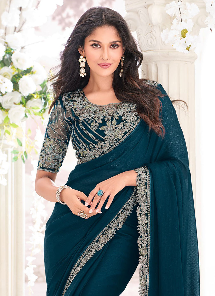 Prussian Blue Georgette Shimmer Saree with Embroidered Blouse