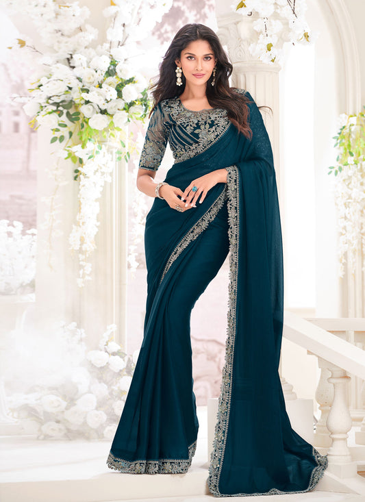 Prussian Blue Georgette Shimmer Saree with Embroidered Blouse