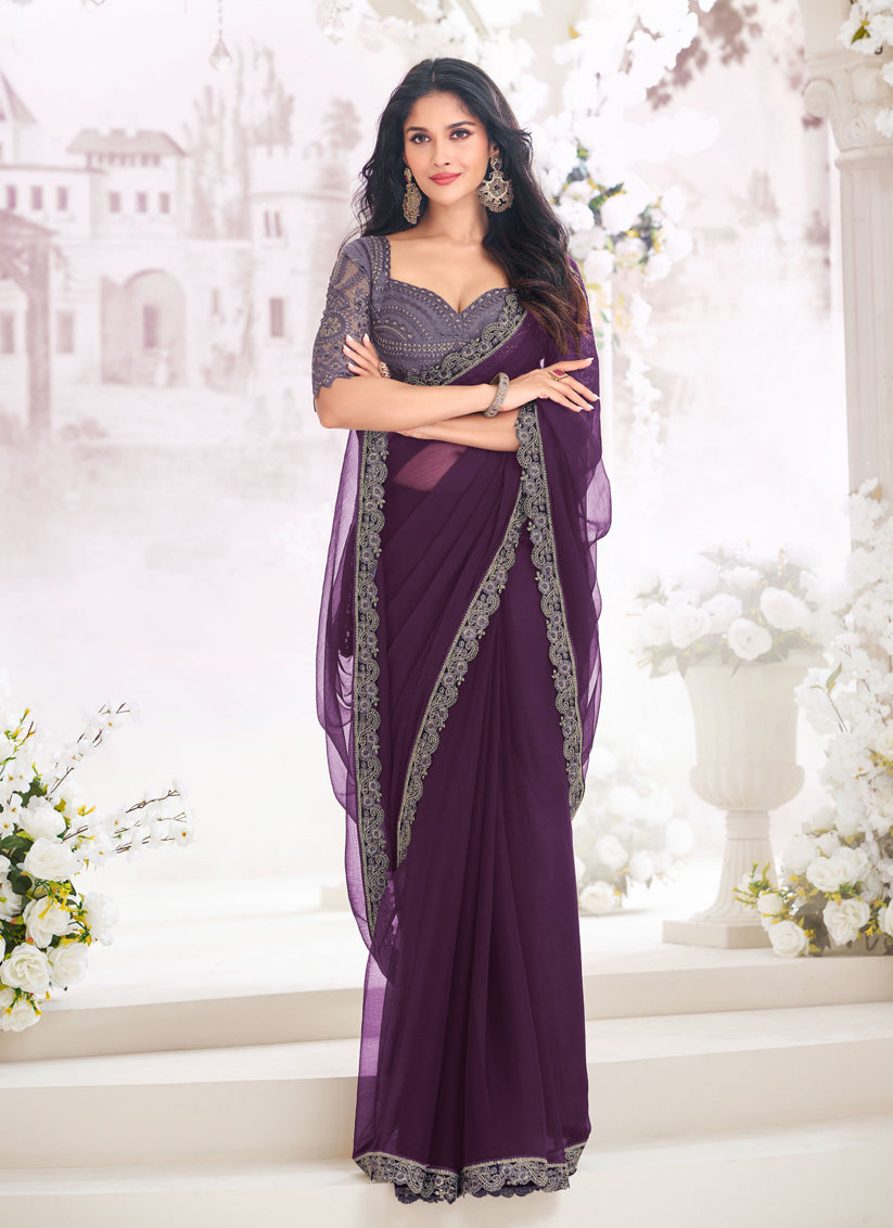 Wine Chiffon Saree with Embroidered Blouse