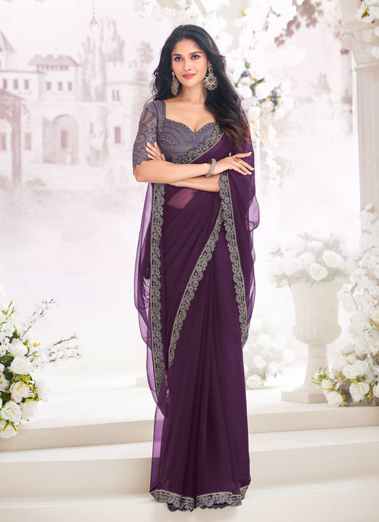 Wine Chiffon Saree with Embroidered Blouse